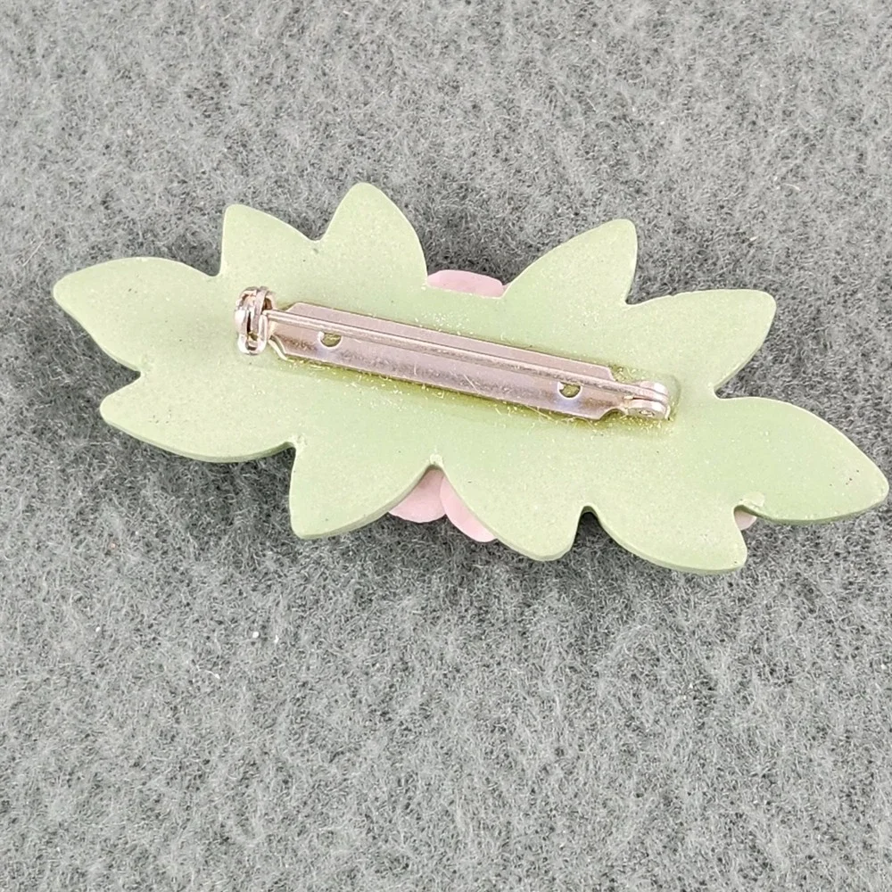 Vintage Pink Porcelain Rose Green Leaf Brooch